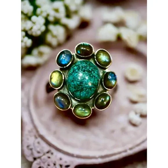 Spiderweb Turquoise & Labradorite Oval Cluster Ring Size 10